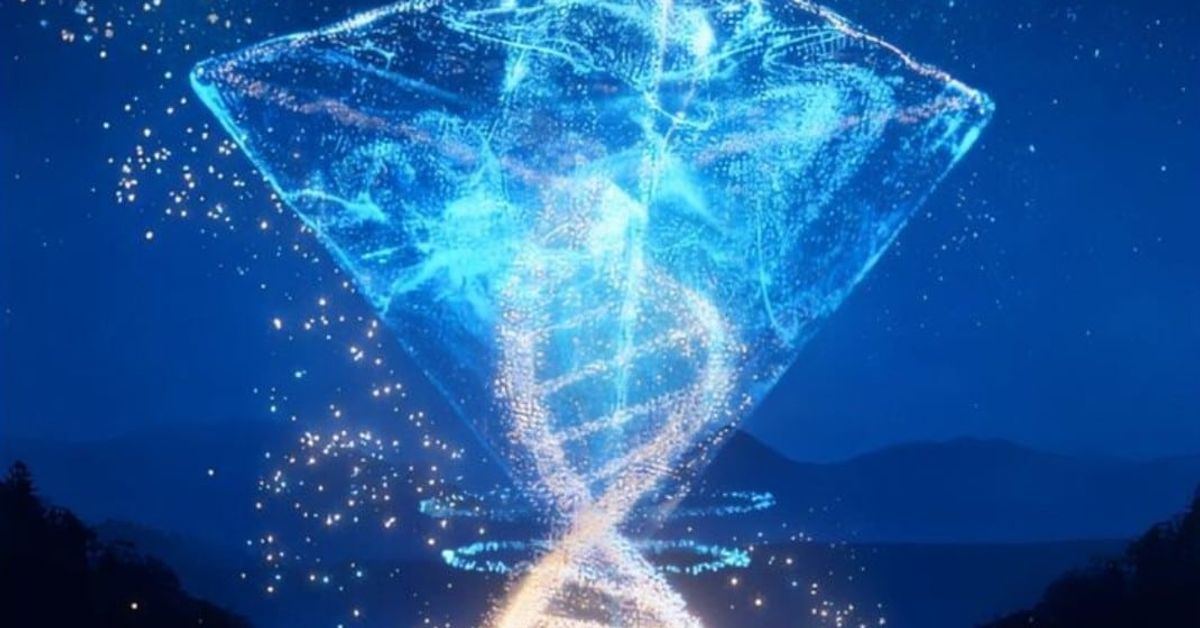 Новогодишни обещания - три малки стъпки към по-добър живот Синя светеща форма и ДНК спирала от частици над планински пейзаж.