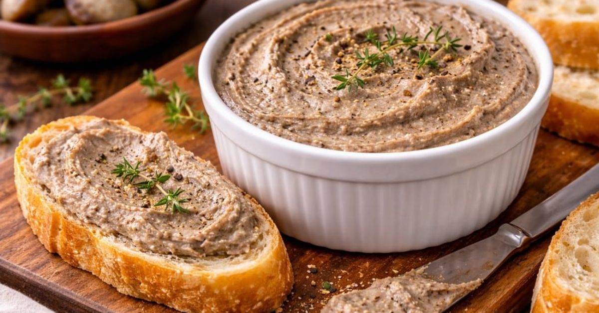 Взимам черен дроб и пакет гъби - получава се толкова вкусно, а и е бюджетно Кремообразен гъбен пастет с хляб, мащерка и черен пипер на дървена дъска.
