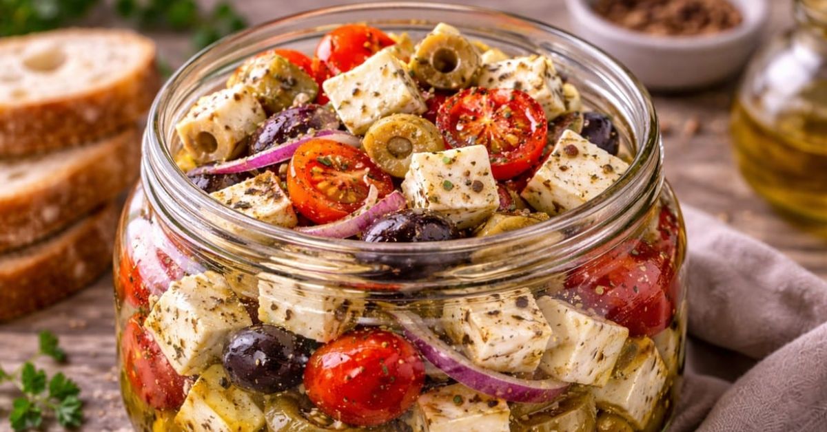 Мариновайте 3 съставки и сложете върху хляб: най-лесната и ефектна вкусотия за всеки Буркан с маринована фета, чери домати, маслини и червен лук, сервиран с хляб.