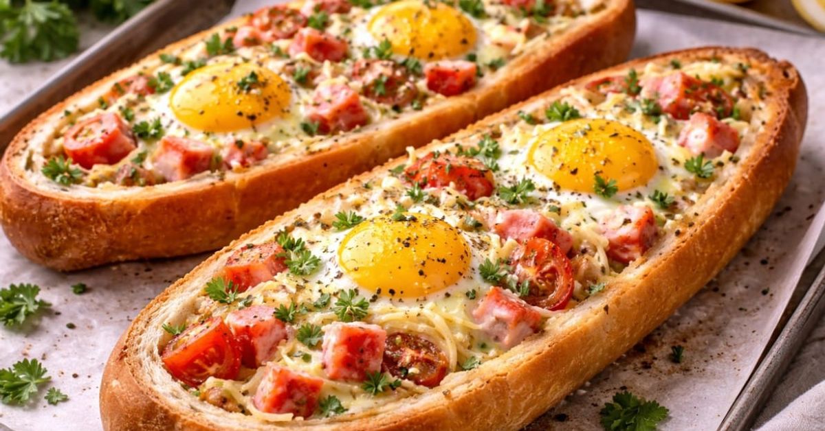 Вкусен бърз омлет от хляб, яйца и рачешки пръчици Пълнен хляб с печени яйца, бекон, домати и магданоз за закуска.