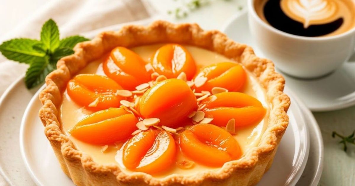 Взимам кайсии и масло и сглобявам този пай за 10 минути: вкусът на лятото и нежността са незабравими Тарта с кайсии, ванилов крем и филирани бадеми, сервирана с кафе.