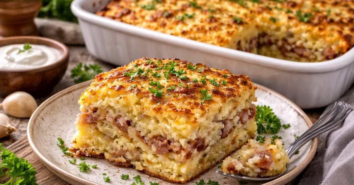 Вкусно ястие от картофи и пушени гърди, което се превърна в хит у дома Златиста запеканка с ориз и колбас, сервирана на порция, поръсена с пресен магданоз.