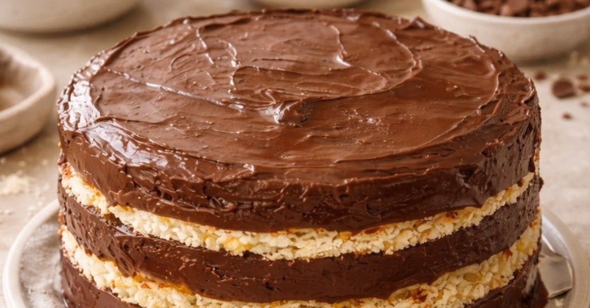 Кокосов кекс за 30 минути: 4 съставки, крехка текстура и вкус Многопластова шоколадова торта с гъст шоколадов крем и бял хрупкав пълнеж.
