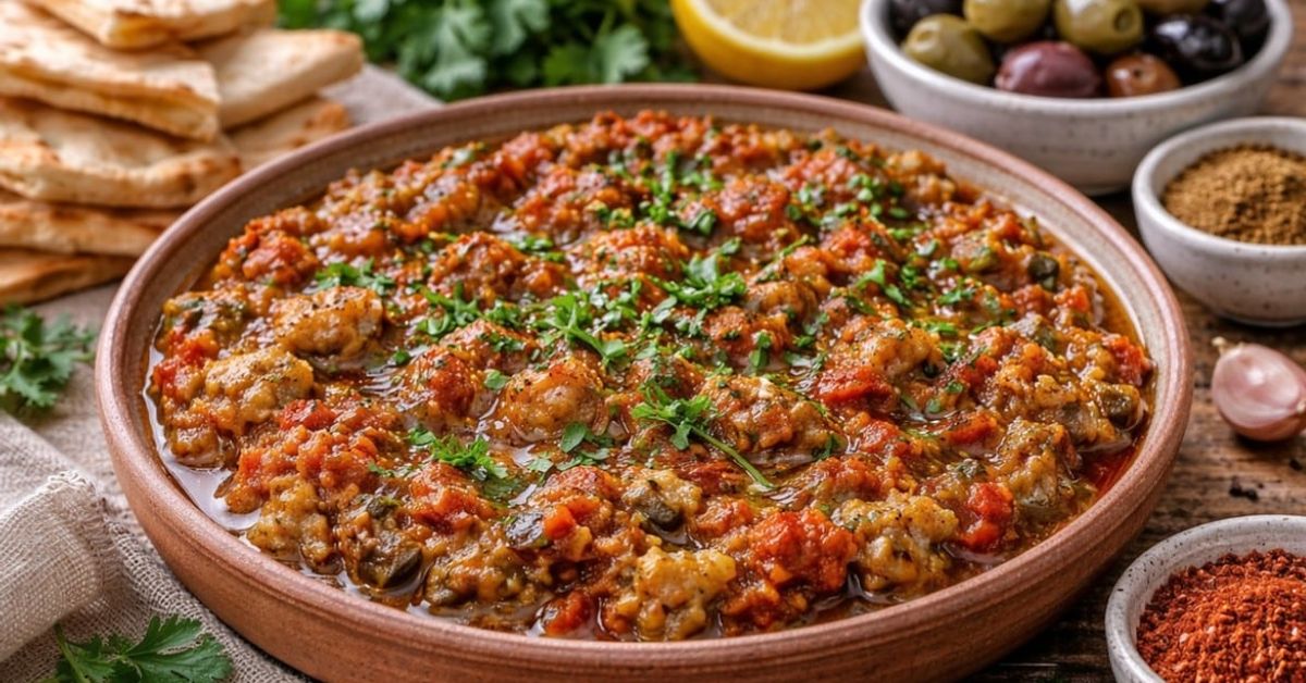 Мароканско предястие от патладжан и домати: екзотичен вкус с минимални разходи Богата яхния с патладжан и домати, поръсена с магданоз, сервирана с питка и подправки.