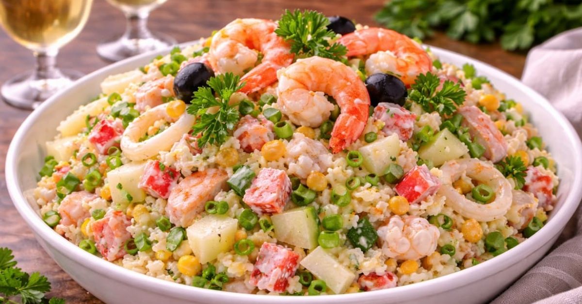 Нищо не варя, нищо не беля: морска салата за минути с вкус като от ресторант Морска салата с кускус, скариди, калмари, зеленчуци и маслини в бяла купа.