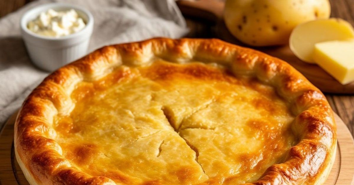 Лесна и бърза вкусотия за минути Златист пай с картофи и сирене, сервиран със сметана.