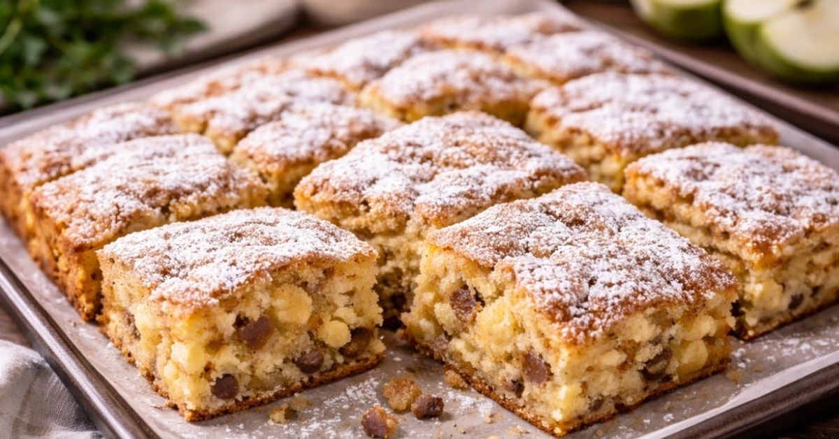 „Мързелив“ ябълков пай с три яйца – по-вкусен от шарлот и готов без много усилия Квадратни парчета сладкиш с бял шоколад, поръсени с пудра захар.