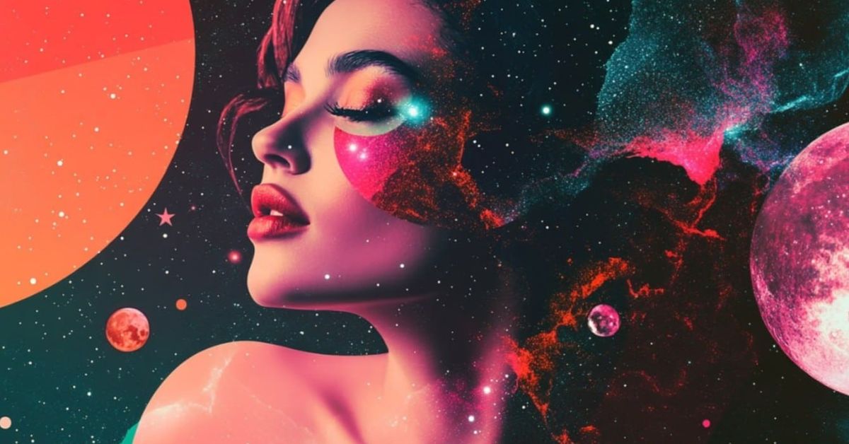 Нептун в Овен до 2039 г.: какво променя транзитът за всяка зодия Космически портрет на жена, слята със звезден космос, планети и цветни мъглявини.