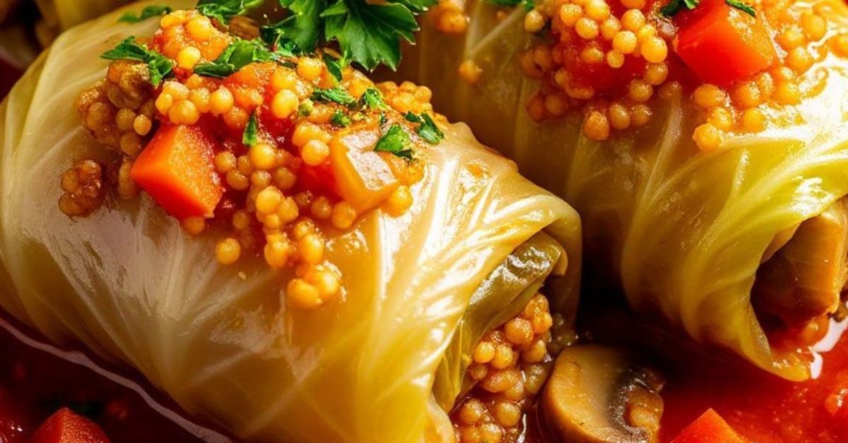 Вкусно топло ястие за вечеря без месо: умопомрачителни зелеви сарми с просо – готвя, навивам и си почивам Вкусни зелеви сарми с кускус, зеленчуци, гъби и магданоз в доматен сос.