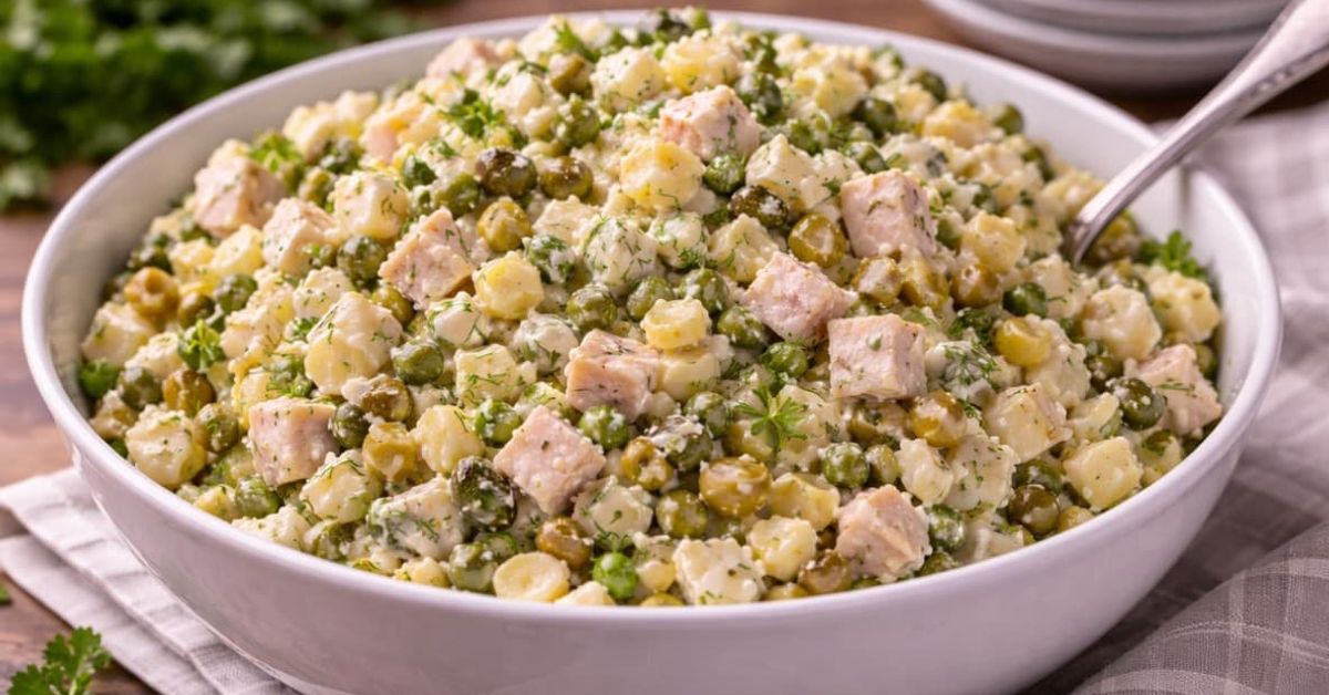 Кралска салата с картофи и кисели краставички за всеки повод Голяма купа с апетитна салата Оливие с пилешко, картофи, грах и свежи подправки.