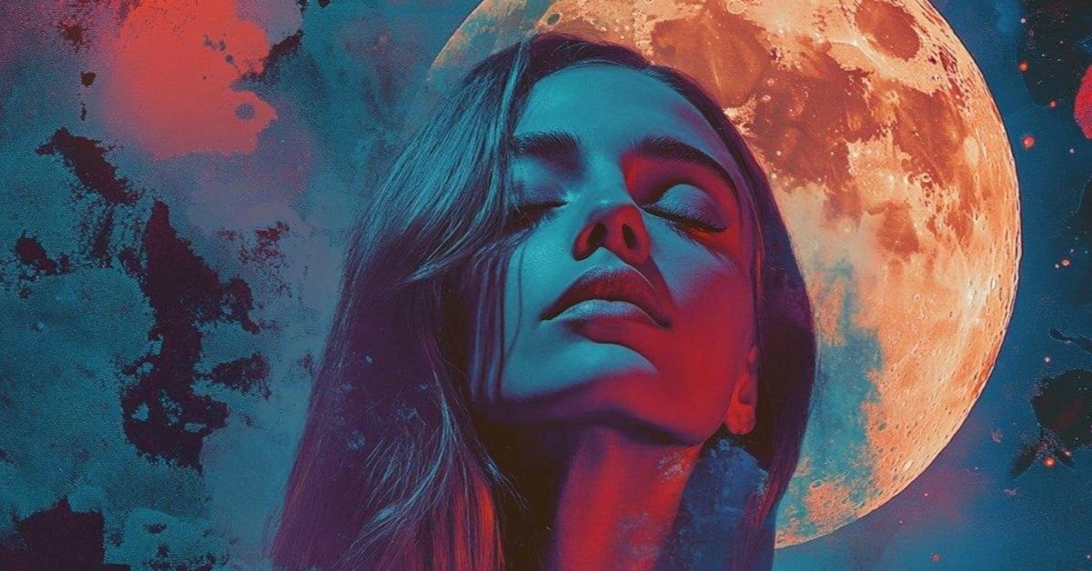 Скорпион: силни и слаби страни на зодията, за които рядко се говори Портрет на жена със затворени очи, осветена от червена и синя светлина, пред оранжева луна.