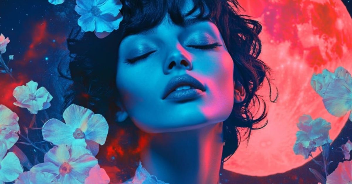 10-годишна програма за щастие: пет зодиакални знака, които ще положат основите за успешно бъдеще Артистичен портрет на жена със затворени очи, цветя, синьо-червена светлина и луна.