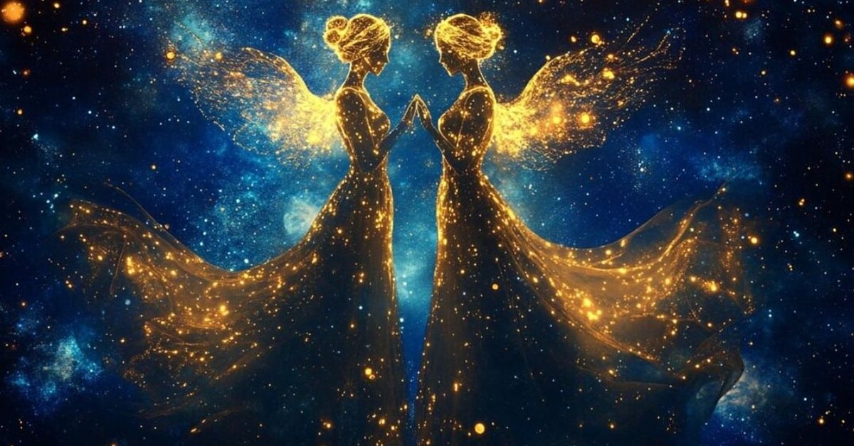 Близнаци! Какво ще ви донесе Церера в Близнаци от 28 май до 11 август 2026 г.? Приемете подаръците на съдбата Две златни светещи близначки ангели в звездното небе.