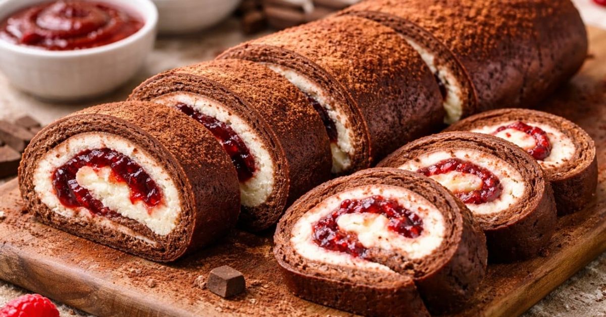 Шоколадово руло с извара в тиган – готово за минути без фурна Нарязано шоколадово руло с крем и малинов конфитюр, поръсено с какао.