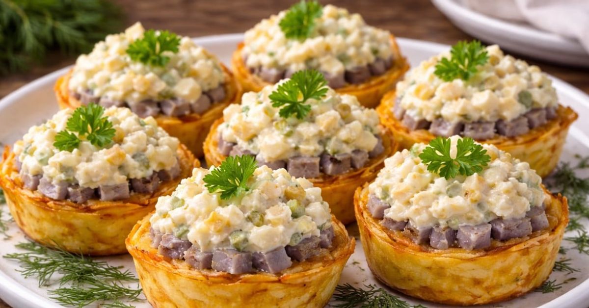 Картофени кошнички с херинга – ефектно и достъпно предястие Апетитни картофени кошнички с руска салата, кубчета месо и свеж магданоз