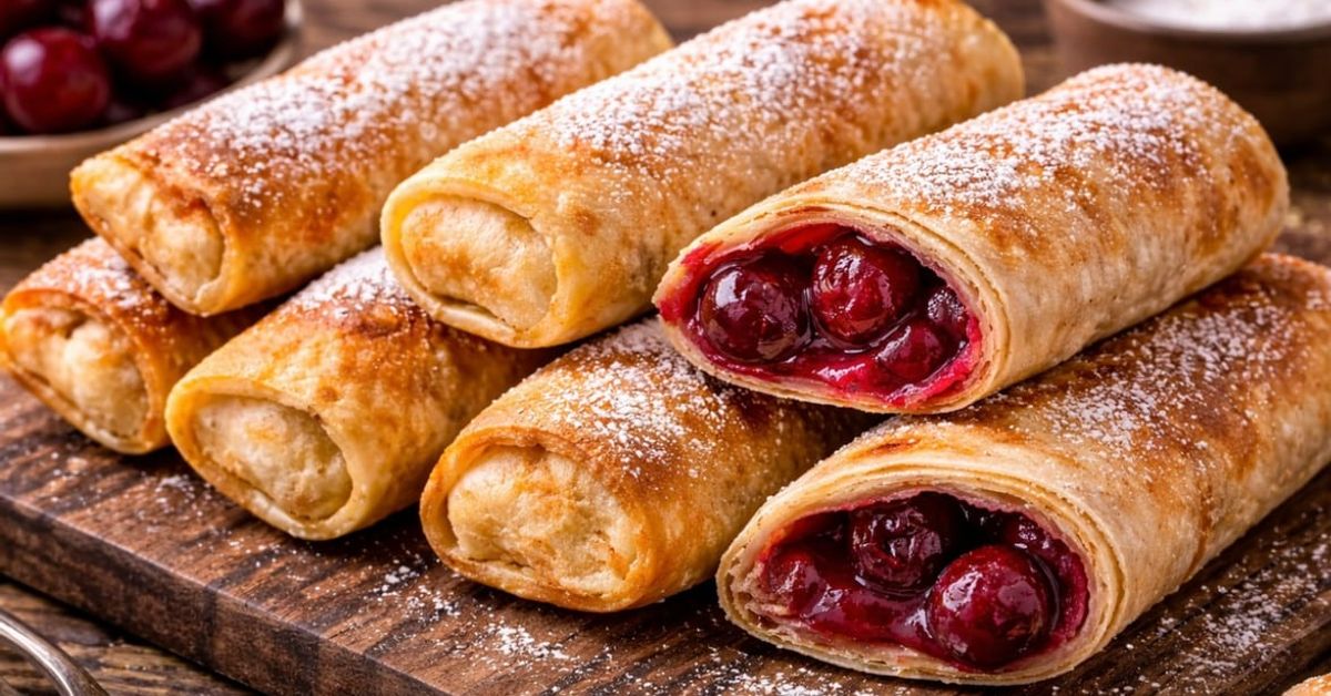 Мини щрудели с череши в тиган – хрупкав десерт без фурна Златни палачинки с черешов пълнеж, поръсени с пудра захар.