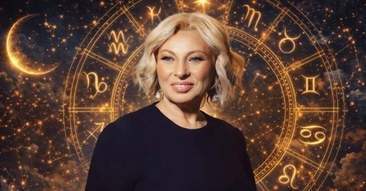 Овен, Риби, Стрелец и Водолей в хороскопа на Анджела Пърл за вторник, 2 юни Жена с руса коса пред фон с астрологични знаци и звезди