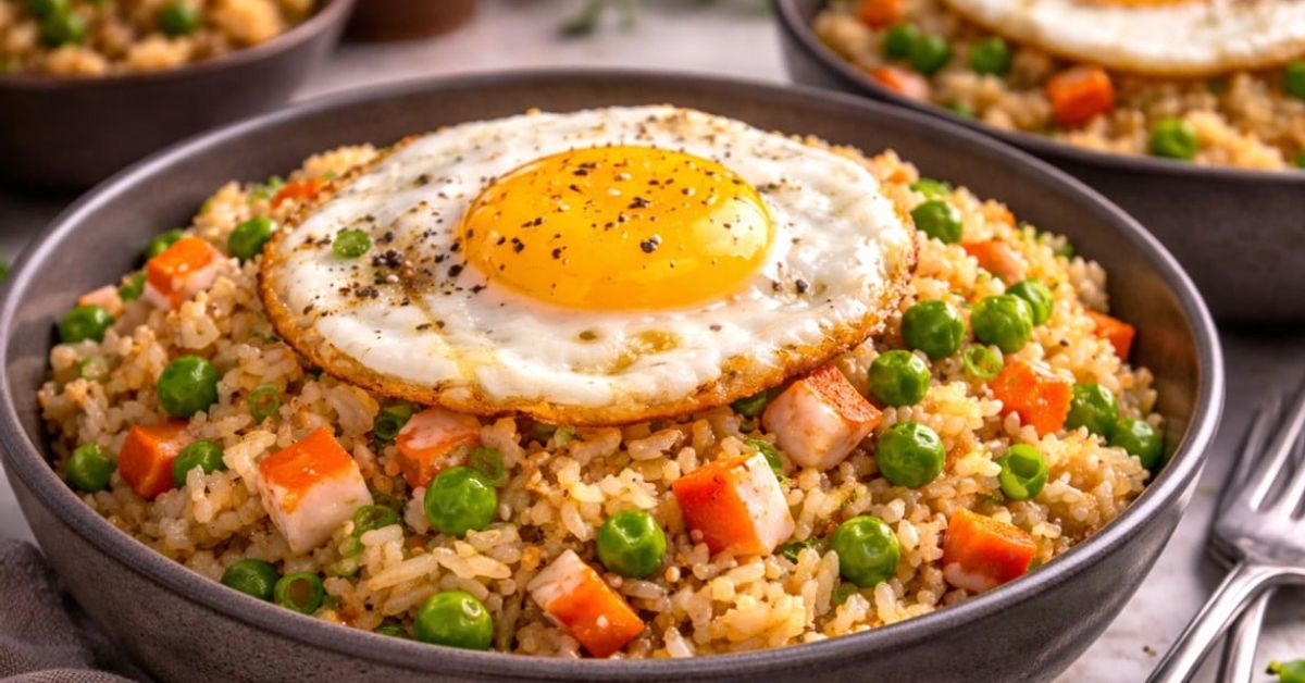 Запазих вчерашния ориз и добавих рачешки пръчици и яйце: фантастично ястие с азиатски привкус Апетитен пържен ориз с яйце, грах, моркови и рачешки рулца.
