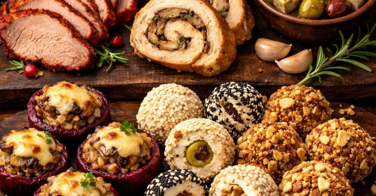 5 празнични предястия, които впечатляват: месо, руло, цвекло и фини намазки Богата празнична трапеза с печено месо, пълнени лукчета и сиренени хапки.