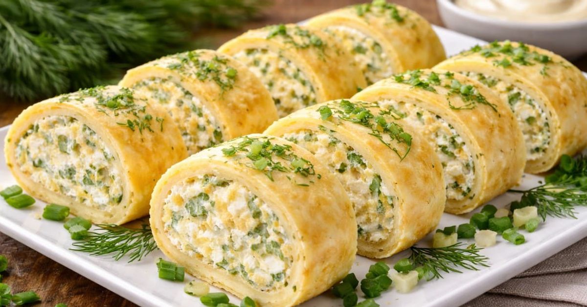 Бързо яйчено руло със сирена – готово с продукти от хладилника Златни рулца с плънка от сирене, яйце и копър, поръсени със зелен лук.