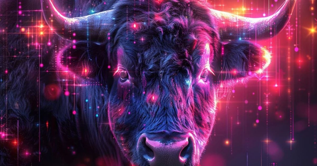 Телец излиза от сянката: Уран пренарежда личността и финансите до 2032 г. Бик с тъмна козина, осветен от неонови розови и сини светлини.