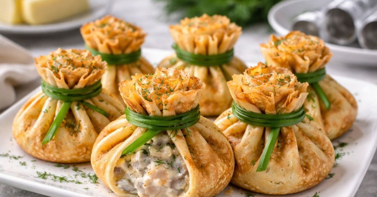 Палачинкови торбички с рибен пълнеж – ефектно и вкусно предястие Апетитни торбички от палачинки с гъбен пълнеж, украсени със зелен лук и копър.