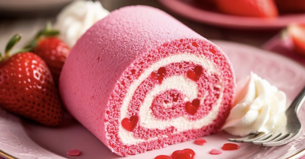 Божествено руло за 14 февруари: просто, красиво и невероятно вкусно Парче розова торта руло със сърца, ягоди и бита сметана.