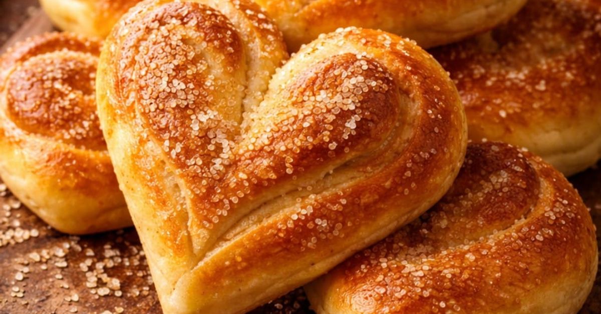 Захарни кифлички сърца – домашна класика с аромат на пекарна Сърцевиден сладкиш със захар и други златисти печива на дървена повърхност.