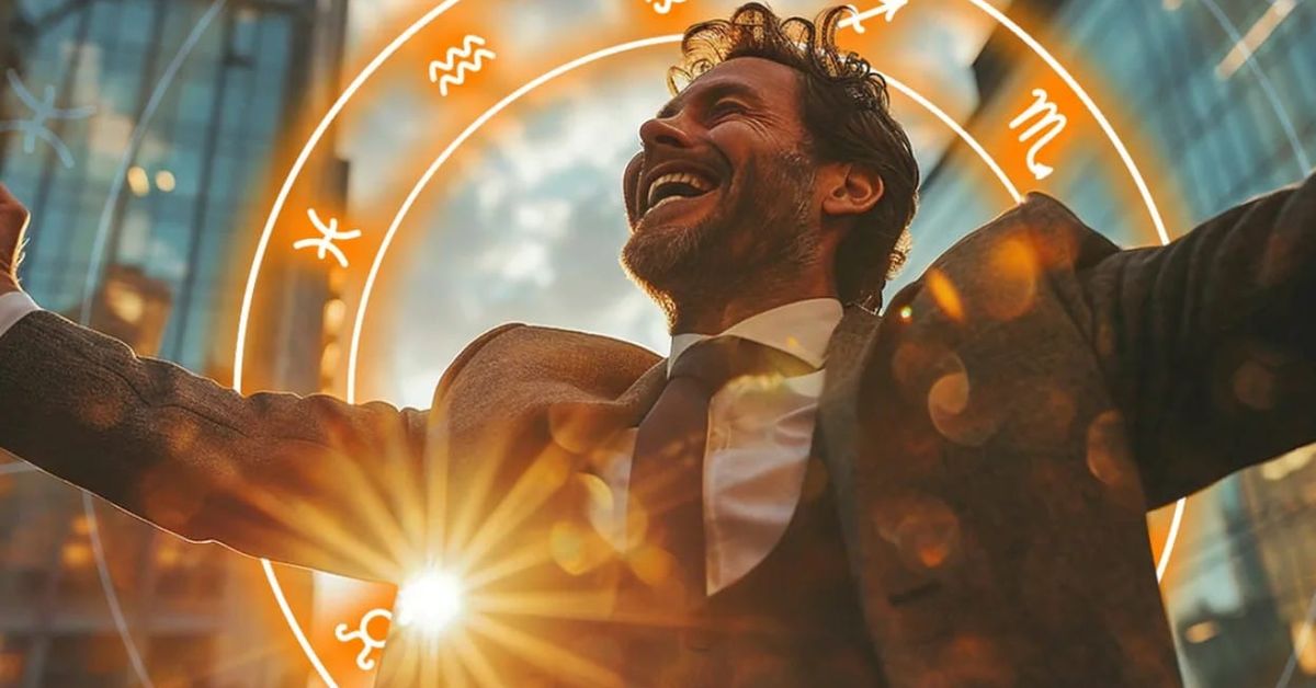 Топ 3 на най-богатите и най-успешните зодиакални знаци Щастлив мъж в костюм с разперени ръце и зодиакални символи.