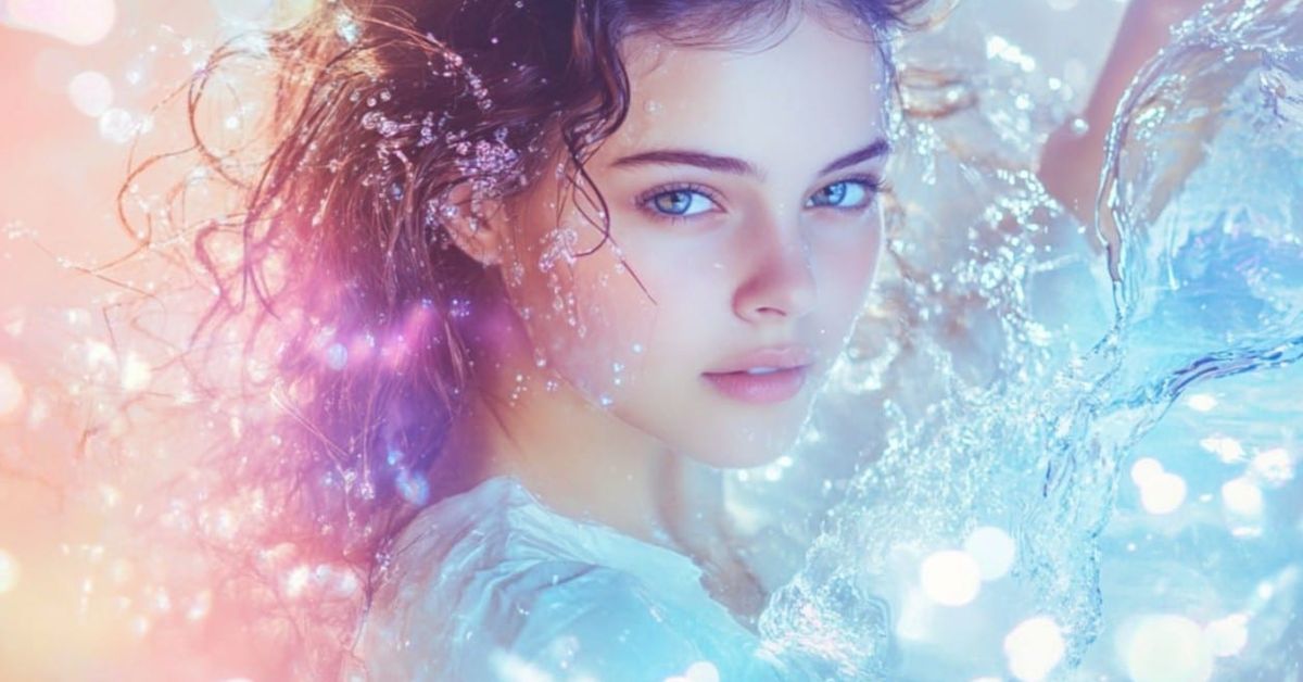 Зодия Водолей: истинската им същност, която рядко ще срещнете в хороскопите Ефирна жена със сини очи, мокра коса и пръски вода на фона на магически светлини.
