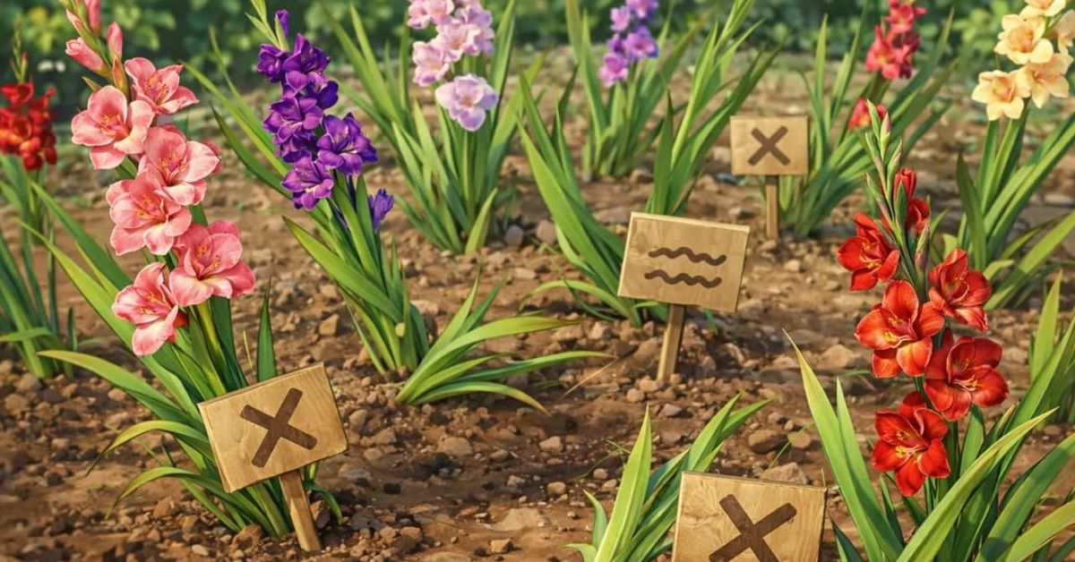 3 грешки при засаждане на гладиоли, които развалят вида на цялата цветна леха Градинска леха с цъфтящи гладиоли в розово, лилаво, червено и жълто, с дървени табелки.