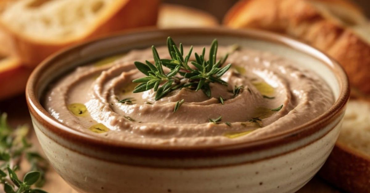 Домашен пастет от пилешко филе – лек и вкусен за всяко хранене Кремообразен пастет в купа, гарниран с розмарин, мащерка и зехтин, до филии хляб.