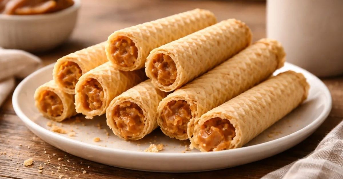 Хрупкави пурички с кондензирано мляко – вкусът на детството в най-чистия му вид Хрупкави вафлени пури с карамелен пълнеж, сервирани на бяла чиния