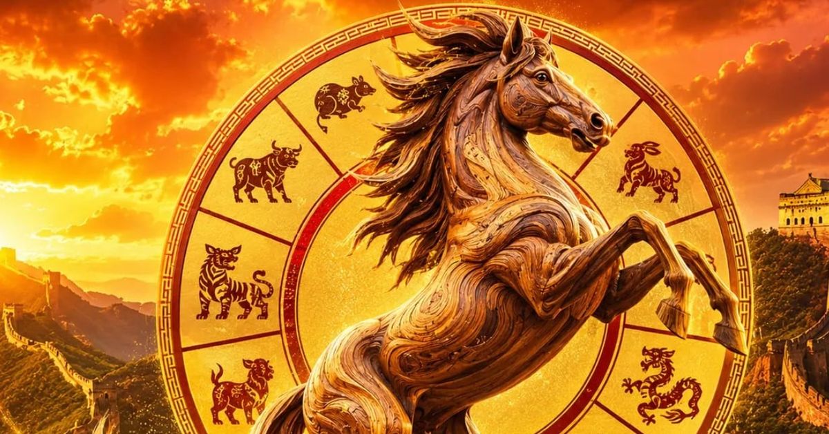 Китайски хороскоп за юни 2026 г.: кой ще хване вълната на кариерния растеж и кой ще свали маските на околните Златен кон от китайския зодиак на фона на Великата стена при залез.