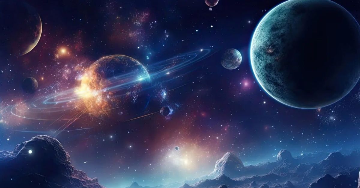 Те са кралете на това лято: кои три зодиакални знака ще направят пробив Фантастичен космически пейзаж с планети, пръстени, звезди и скалист терен.